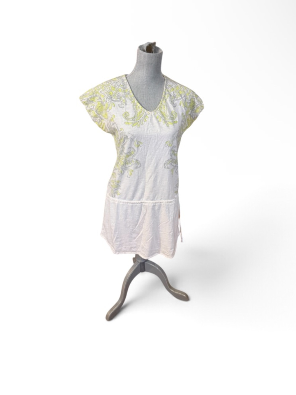 White Tunic Dress with Lime Paisley Embroidery XS (4050)